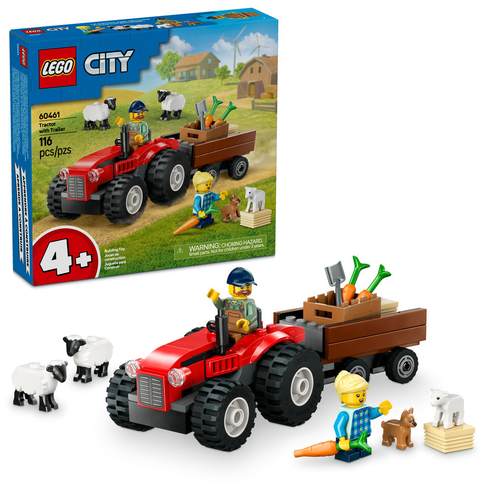 60461 Red Farm Tractor with Trailer & Sheep